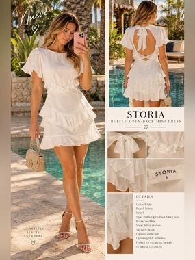 Storia White Ruffle Open-Back Tie Mini Dress